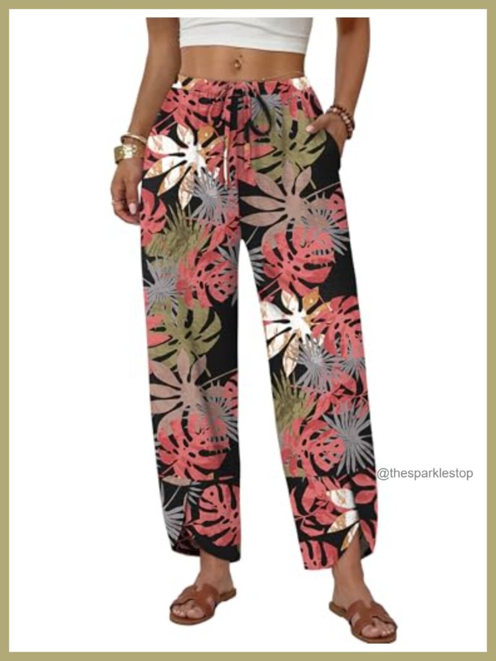 100% Polyester Wide Leg Palazzo Capri Pants with Pockets Drawstring Elastic